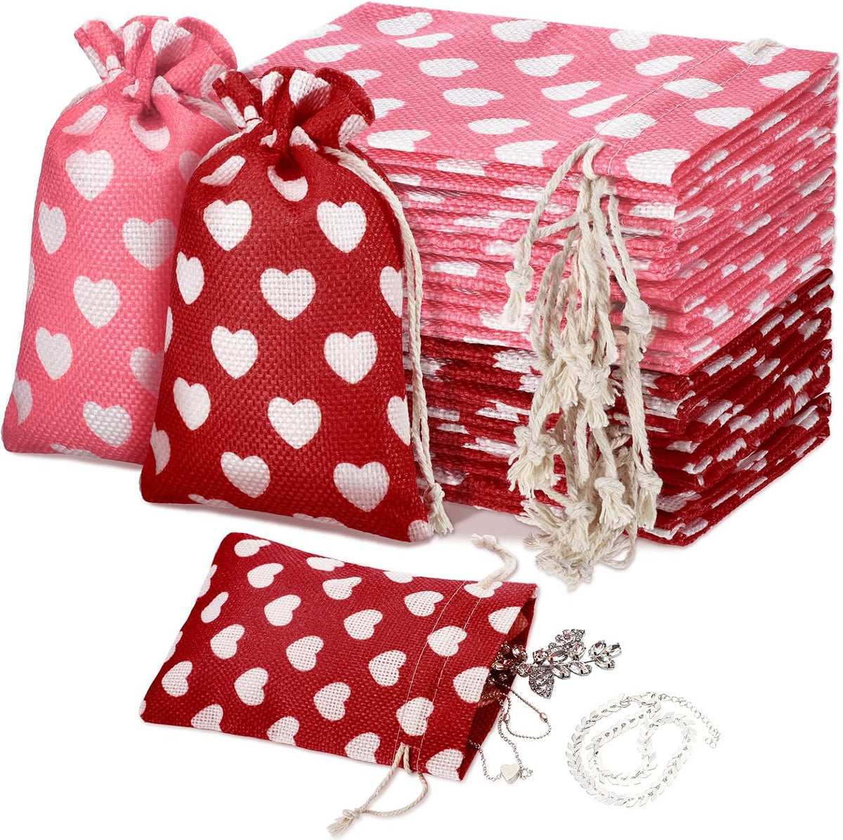 24 Pieces Valentine's Day Burlap Bag with Drawstring Linen Bag with Heart Red and Pink Heart Bag for Valentine's Day 4 x 6 Inches Heart Bag Party Favor Valentine's Day Gift Bags Packing Storage Pouch