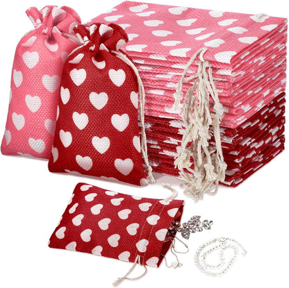 24 Pieces Valentine's Day Burlap Bag with Drawstring Linen Bag with Heart Red and Pink Heart Bag for Valentine's Day 4 x 6 Inches Heart Bag Party Favor Valentine's Day Gift Bags Packing Storage Pouch