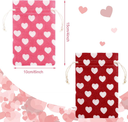 24 Pieces Valentine's Day Burlap Bag with Drawstring Linen Bag with Heart Red and Pink Heart Bag for Valentine's Day 4 x 6 Inches Heart Bag Party Favor Valentine's Day Gift Bags Packing Storage Pouch