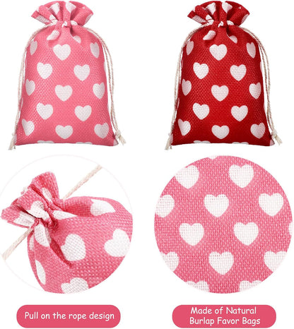 24 Pieces Valentine's Day Burlap Bag with Drawstring Linen Bag with Heart Red and Pink Heart Bag for Valentine's Day 4 x 6 Inches Heart Bag Party Favor Valentine's Day Gift Bags Packing Storage Pouch