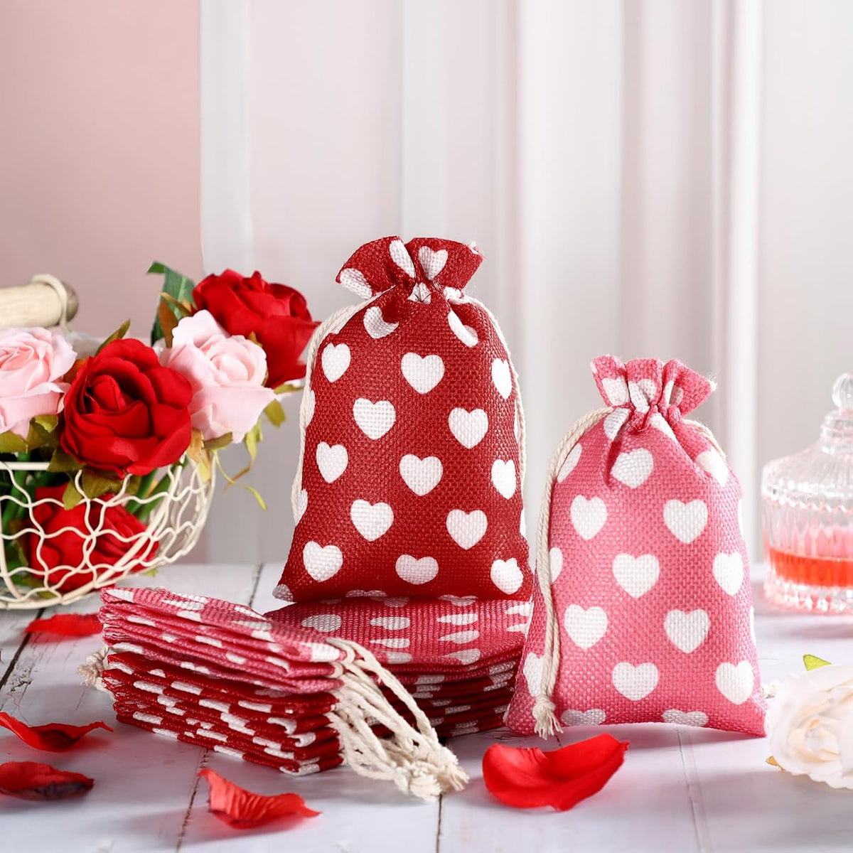 24 Pieces Valentine's Day Burlap Bag with Drawstring Linen Bag with Heart Red and Pink Heart Bag for Valentine's Day 4 x 6 Inches Heart Bag Party Favor Valentine's Day Gift Bags Packing Storage Pouch