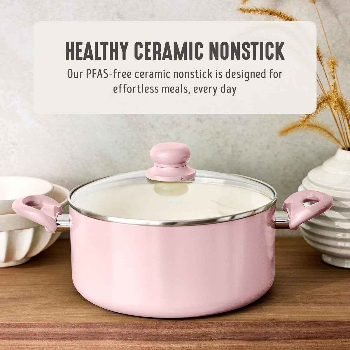 5QT Ceramic Nonstick Stockpot with Lid, Blush Pink