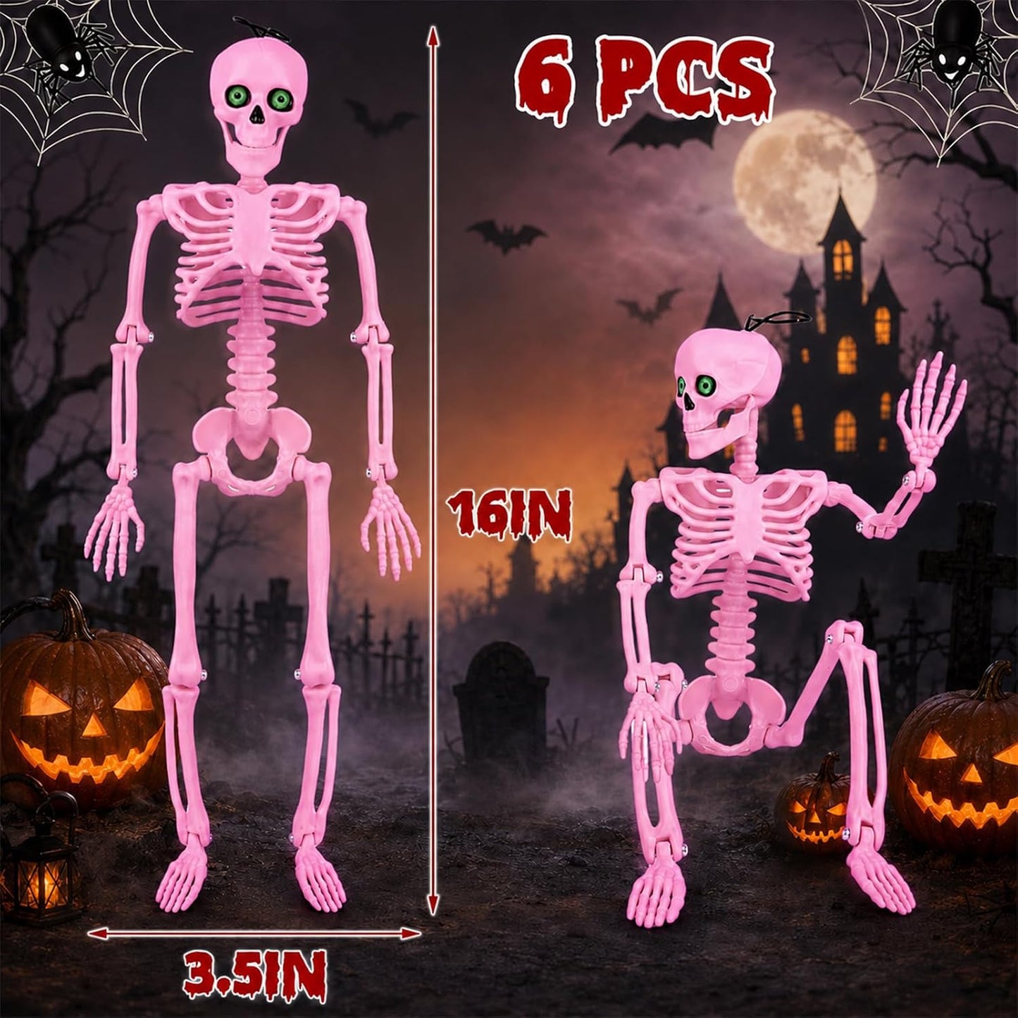 6 Pack Halloween Skeleton Decor 16" with Eyes & Box (Pink)