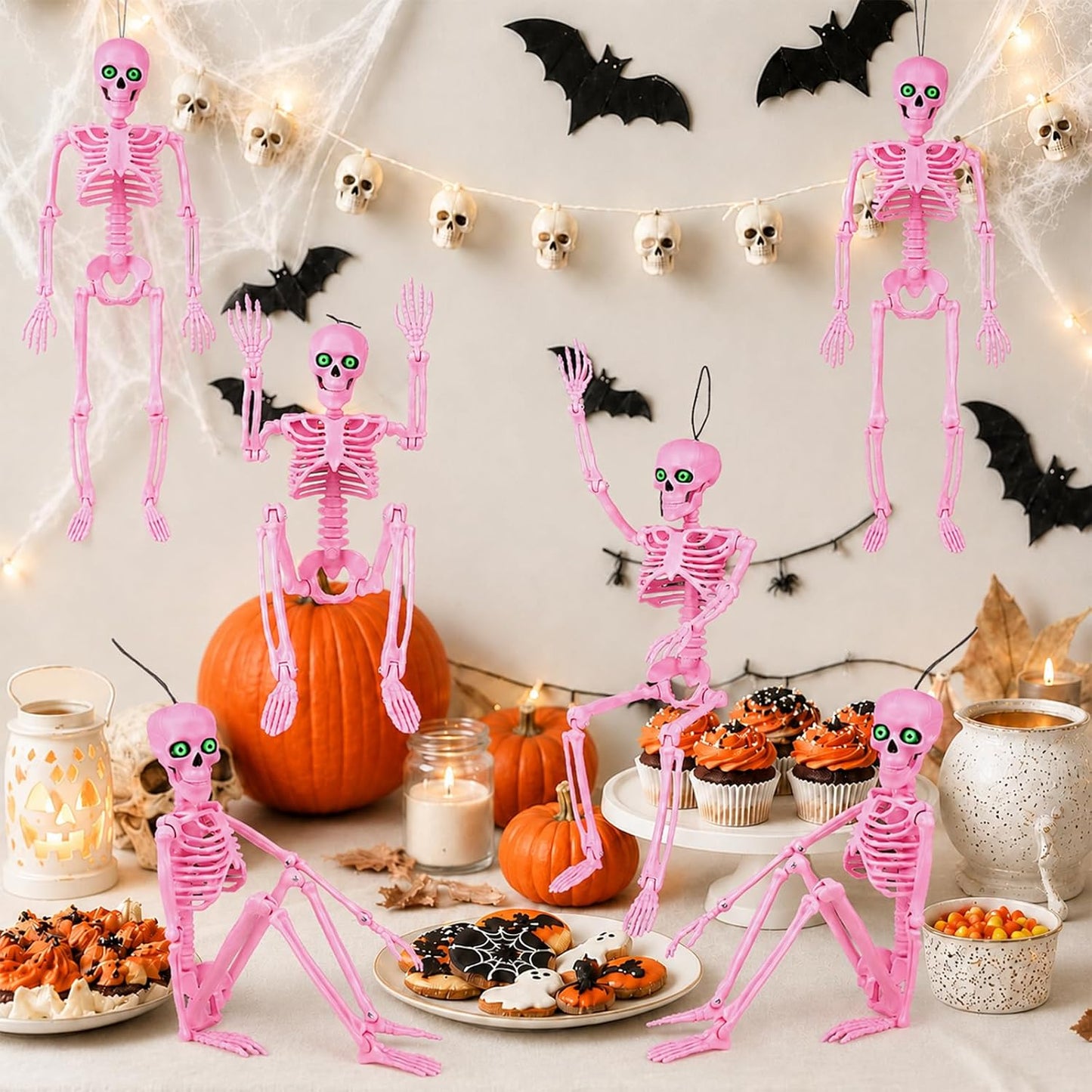 6 Pack Halloween Skeleton Decor 16" with Eyes & Box (Pink)
