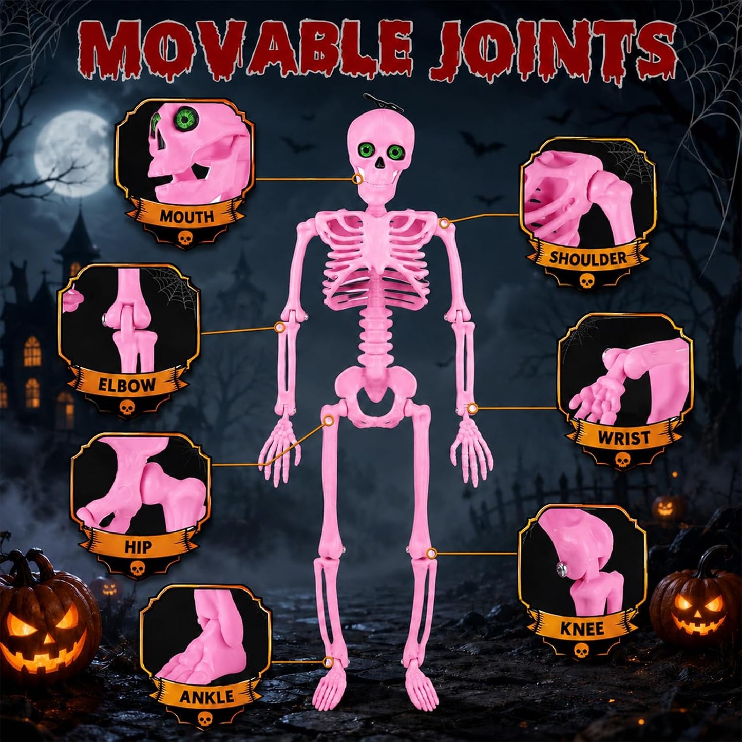 6 Pack Halloween Skeleton Decor 16" with Eyes & Box (Pink)