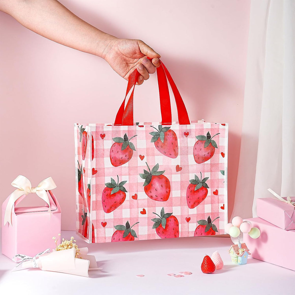 Starberry Reusable Gift Bag, Sweet Srawberry and Plaid Design Medium Recycled Pink Gift Bag for Girls, Kids, Birthday, Summer, Valentine's Day, Party Favor, 13" x 5" x 10", 1 Pcs
