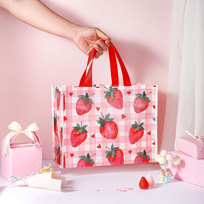 Starberry Reusable Gift Bag, Sweet Srawberry and Plaid Design Medium Recycled Pink Gift Bag for Girls, Kids, Birthday, Summer, Valentine's Day, Party Favor, 13" x 5" x 10", 1 Pcs
