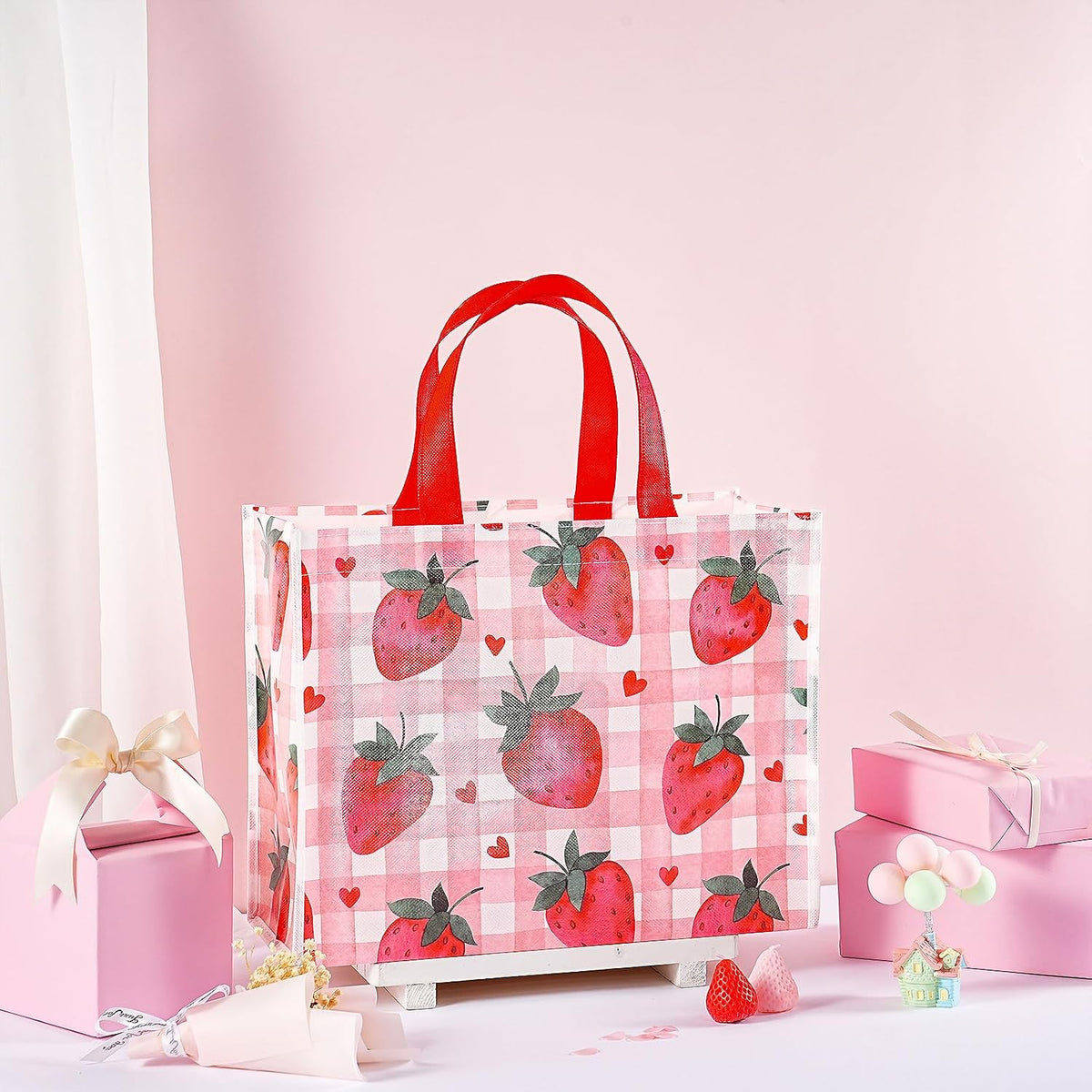 Starberry Reusable Gift Bag, Sweet Srawberry and Plaid Design Medium Recycled Pink Gift Bag for Girls, Kids, Birthday, Summer, Valentine's Day, Party Favor, 13" x 5" x 10", 1 Pcs