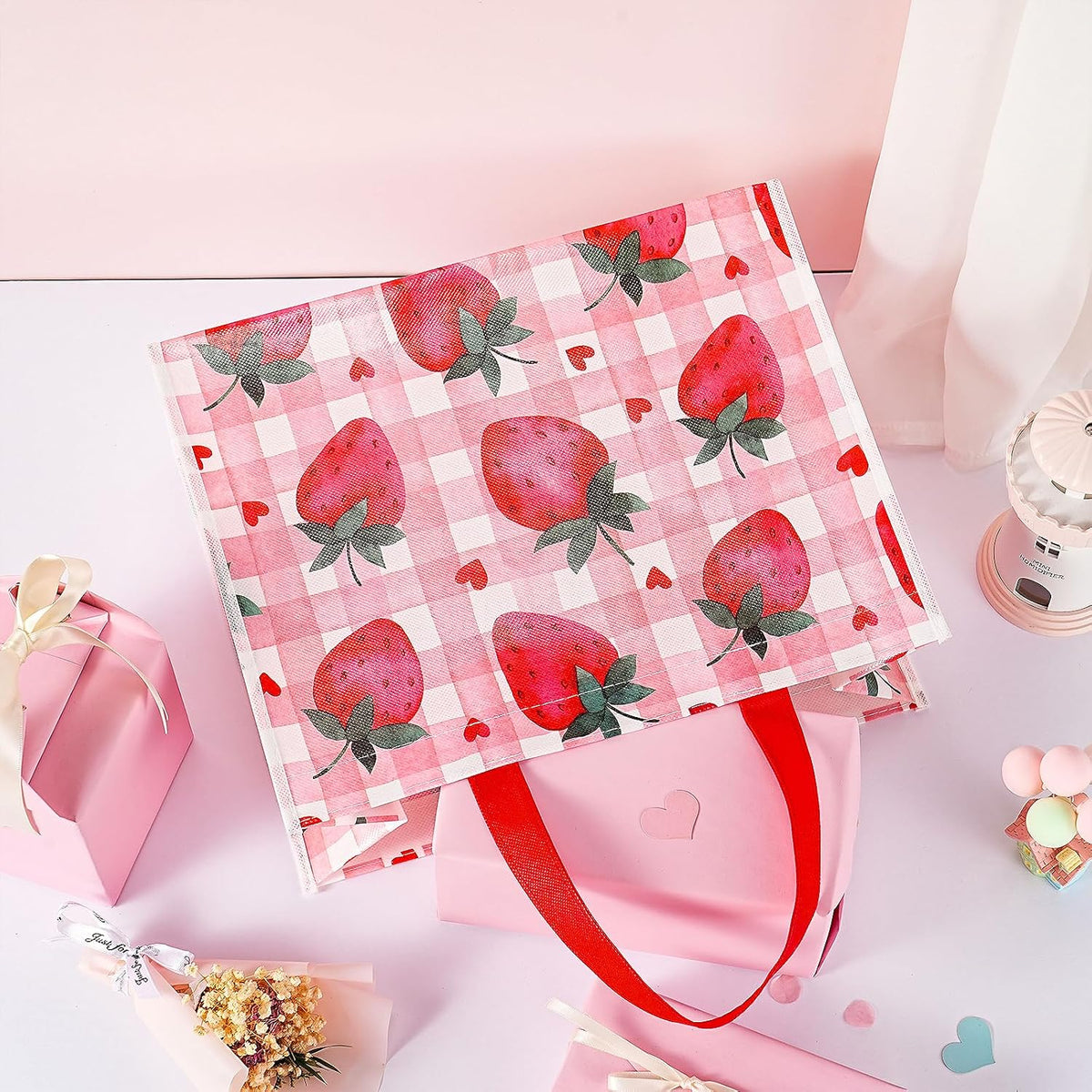 Starberry Reusable Gift Bag, Sweet Srawberry and Plaid Design Medium Recycled Pink Gift Bag for Girls, Kids, Birthday, Summer, Valentine's Day, Party Favor, 13" x 5" x 10", 1 Pcs
