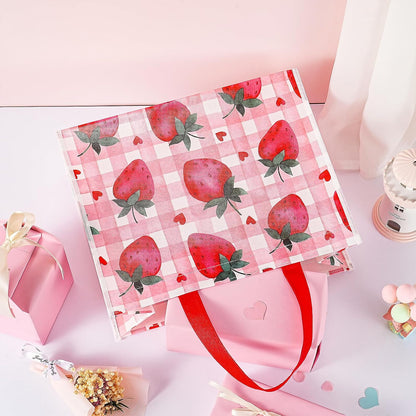 Starberry Reusable Gift Bag, Sweet Srawberry and Plaid Design Medium Recycled Pink Gift Bag for Girls, Kids, Birthday, Summer, Valentine's Day, Party Favor, 13" x 5" x 10", 1 Pcs