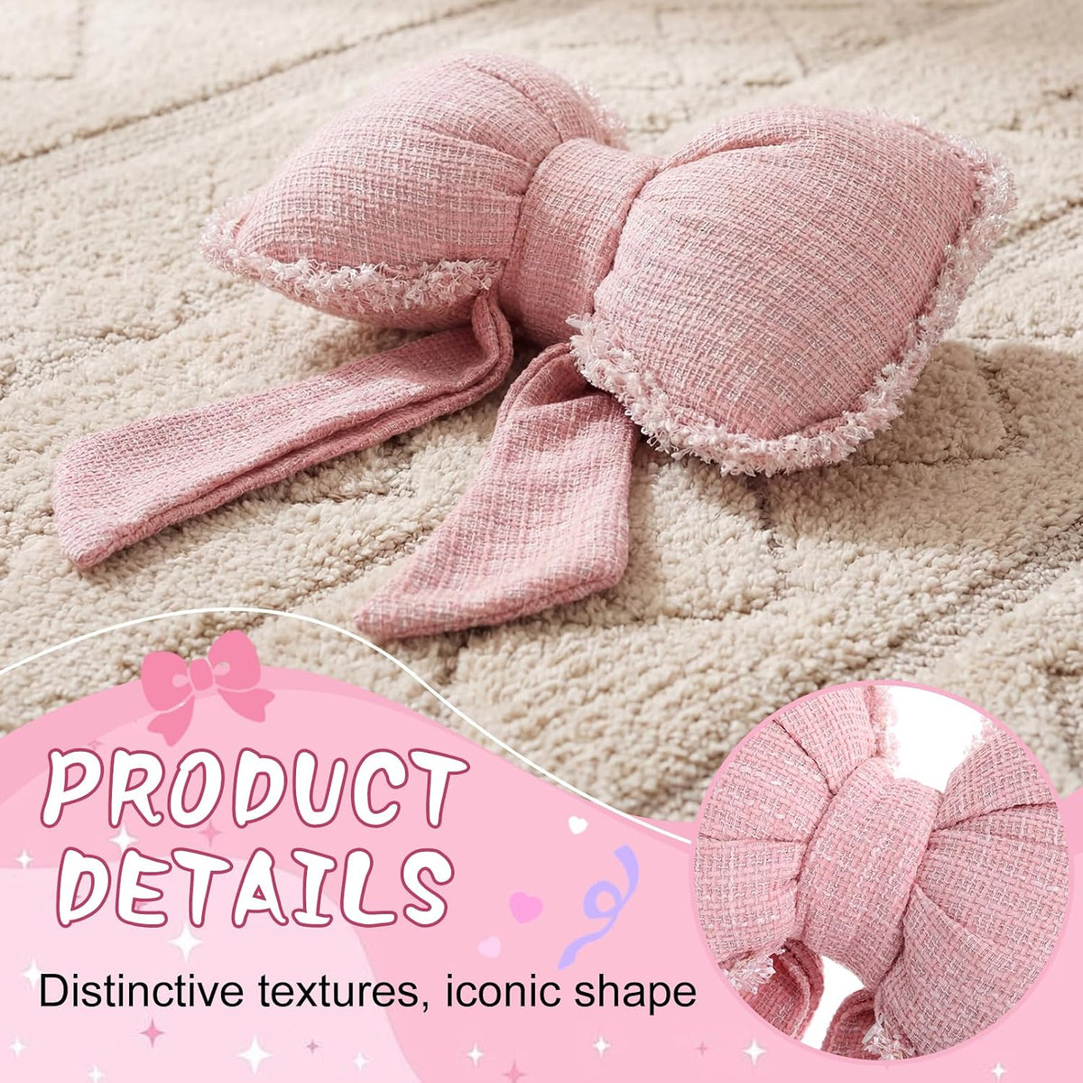 Pink Bow Pillow Soft Bow Shaped Throw Pillows Decorative Cute Cushion Aesthetic Home Decor for Room Bed Sofa Couch(Lace Trim,Polyester)
