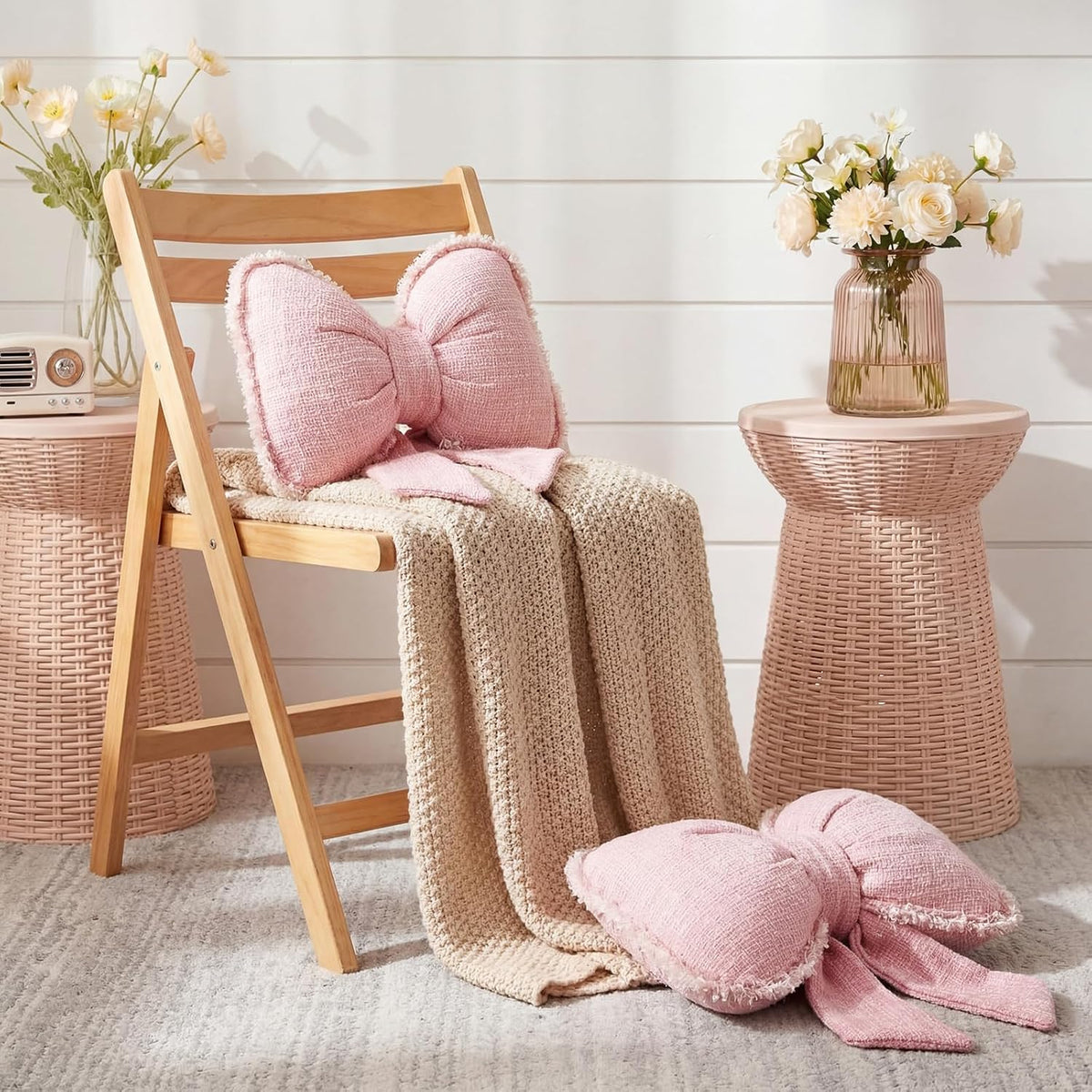 Pink Bow Pillow Soft Bow Shaped Throw Pillows Decorative Cute Cushion Aesthetic Home Decor for Room Bed Sofa Couch(Lace Trim,Polyester)