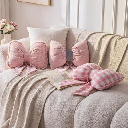 Pink Bow Pillow Soft Bow Shaped Throw Pillows Decorative Cute Cushion Aesthetic Home Decor for Room Bed Sofa Couch(Lace Trim,Polyester)