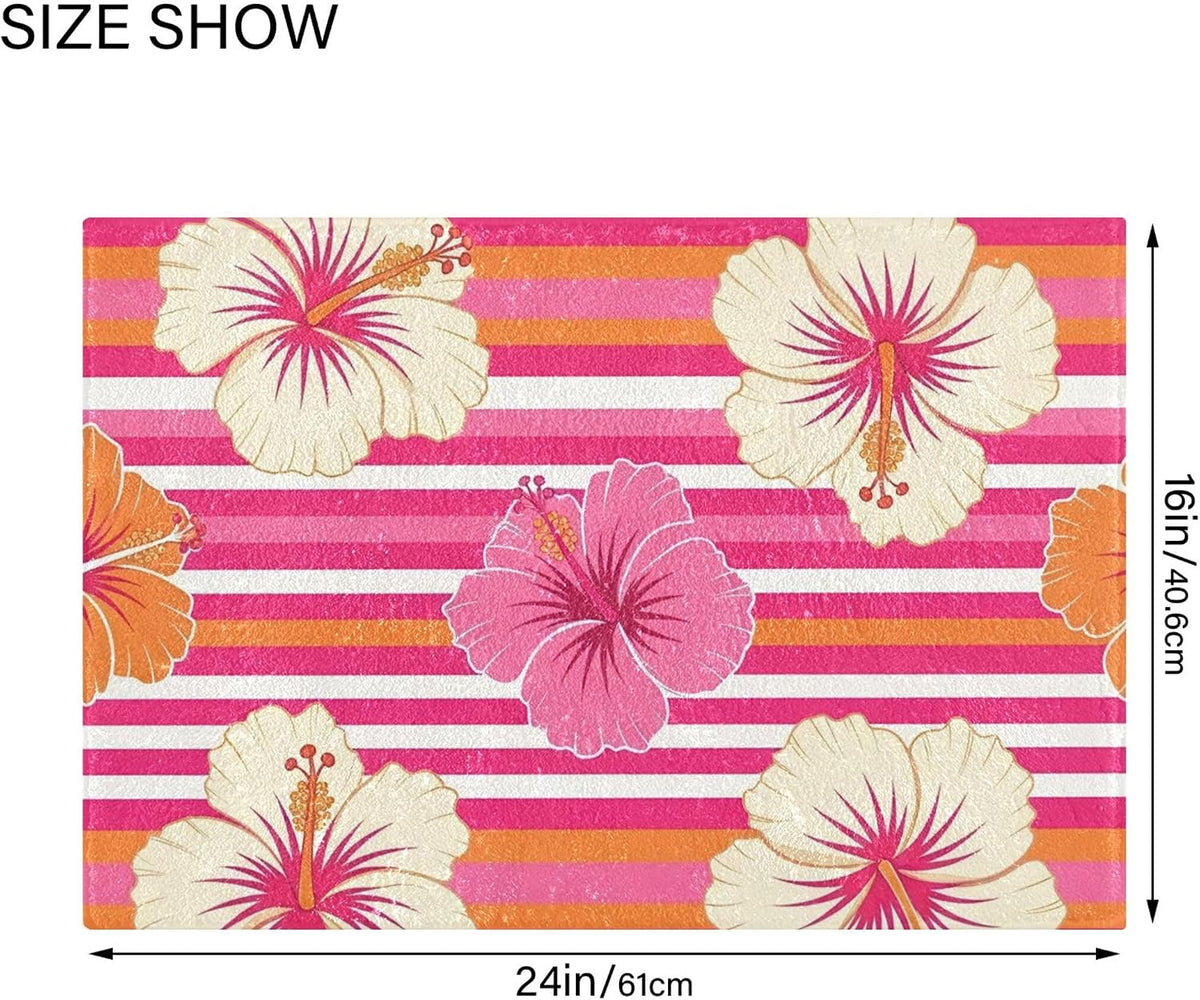 Hibiscus Pink Stripes Bath Mat Rug, Extra Soft Absorbent Bathroom Rug with Non-Slip Backing for Bathroom Floor Tub Shower, 16x24 in