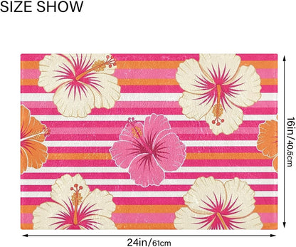 Hibiscus Pink Stripes Bath Mat Rug, Extra Soft Absorbent Bathroom Rug with Non-Slip Backing for Bathroom Floor Tub Shower, 16x24 in