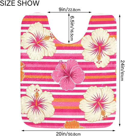 Hibiscus Pink Stripes Bath Mat Rug, Extra Soft Absorbent Bathroom Rug with Non-Slip Backing for Bathroom Floor Tub Shower, 16x24 in