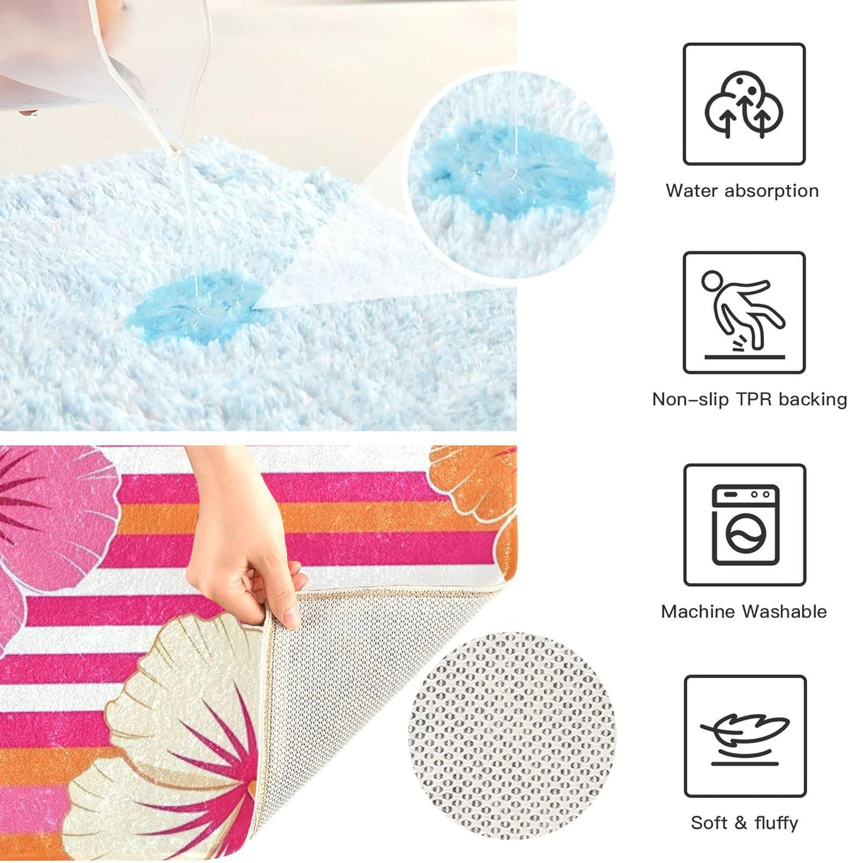 Hibiscus Pink Stripes Bath Mat Rug, Extra Soft Absorbent Bathroom Rug with Non-Slip Backing for Bathroom Floor Tub Shower, 16x24 in