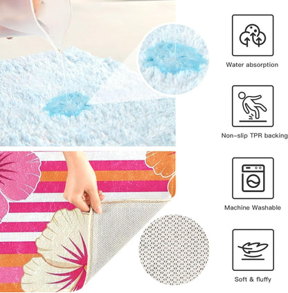 Hibiscus Pink Stripes Bath Mat Rug, Extra Soft Absorbent Bathroom Rug with Non-Slip Backing for Bathroom Floor Tub Shower, 16x24 in