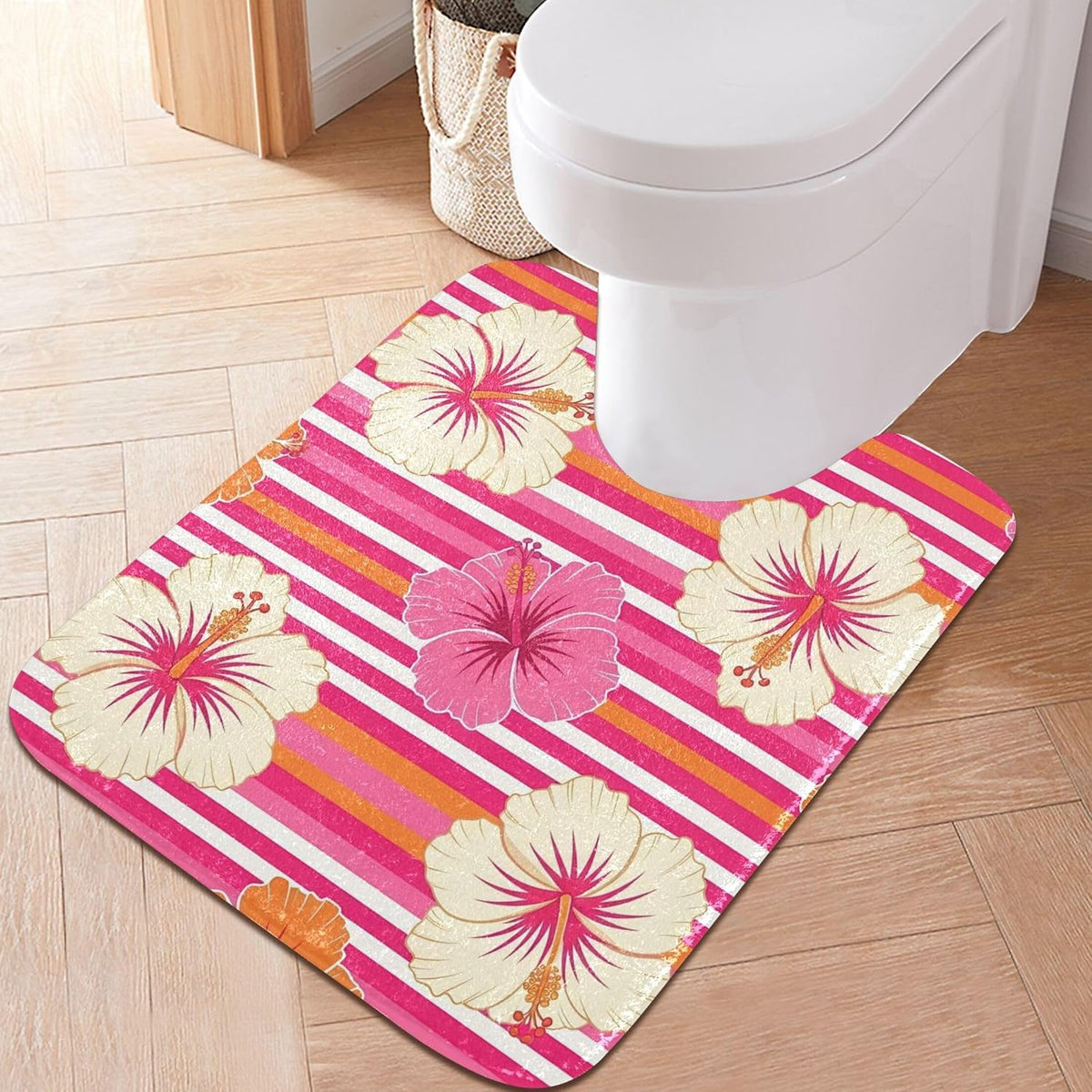 Hibiscus Pink Stripes Bath Mat Rug, Extra Soft Absorbent Bathroom Rug with Non-Slip Backing for Bathroom Floor Tub Shower, 16x24 in