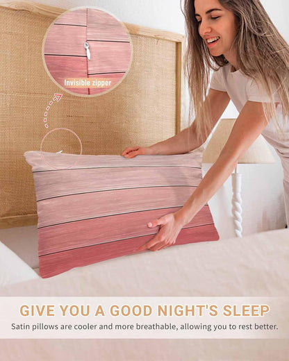 Satin Pillowcase for Hair and Skin Standard Size 2 Pack Peach Pink Wood Grain Satin Pillow Case Soft Cool Silk Rustic Farmhouse Wooden Board Pillowcases with Hidden Zipper Throw Pillow Covers 20x26