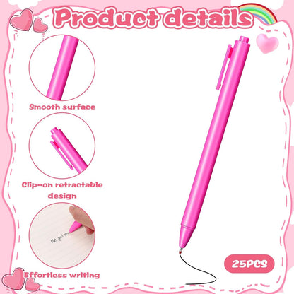 25 Pcs Aesthetic Ballpoint Pens Bulk Hot Pink Ball Point Pen Black Ink