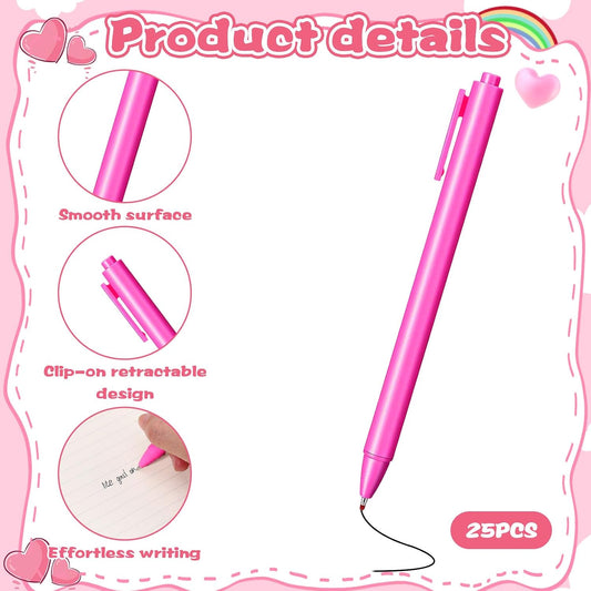 25 Pcs Aesthetic Ballpoint Pens Bulk Hot Pink Ball Point Pen Black Ink