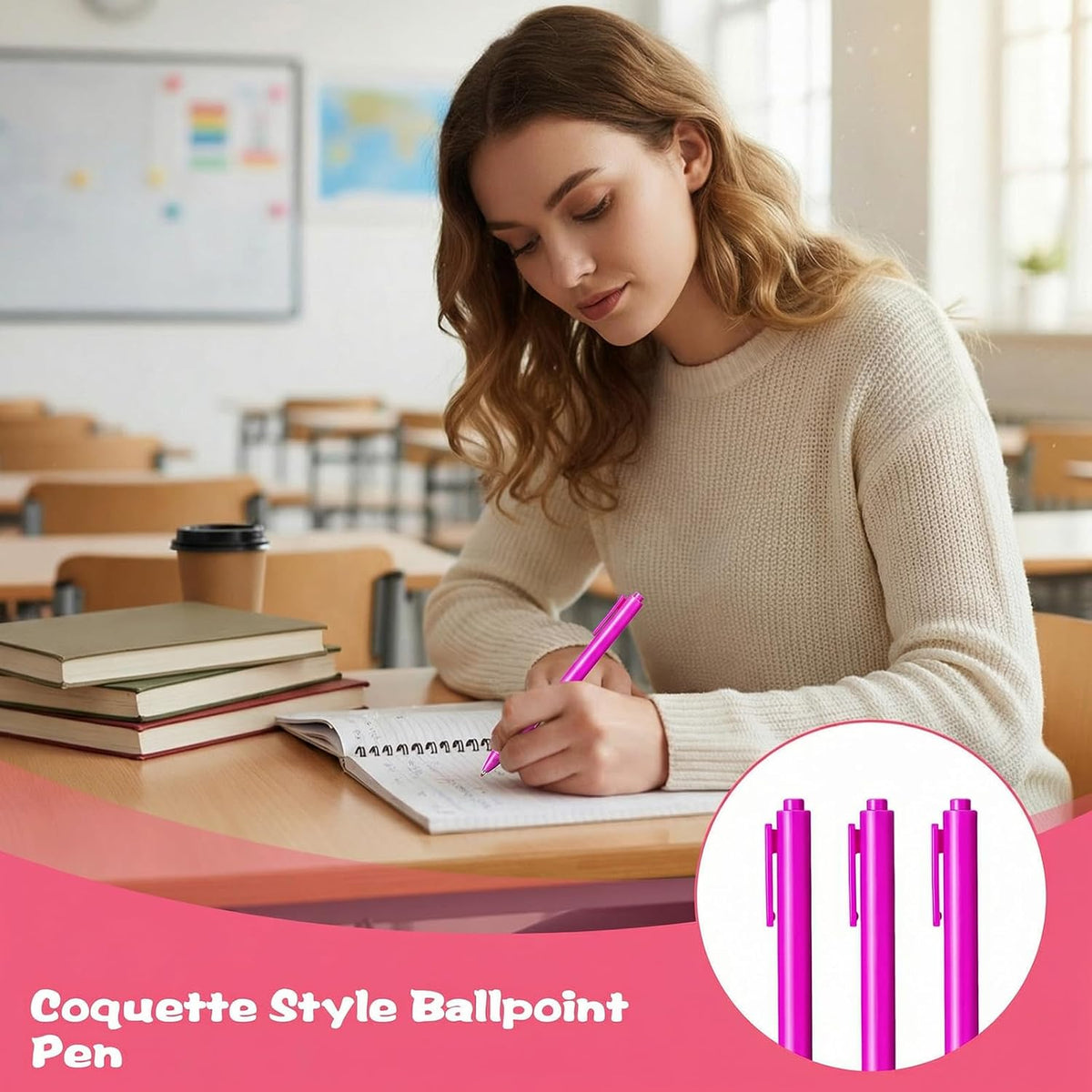 25 Pcs Aesthetic Ballpoint Pens Bulk Hot Pink Ball Point Pen Black Ink