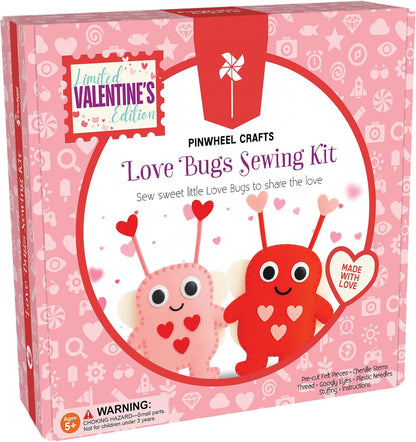 Valentine Gift for Kids, Love Bugs Kids Sewing Kit - Make & Gift Felt Plush Craft, Sew 2 Stuffed Love Bugs (Red & Pink), Precut Felt, Needle, Thread, Polyfill, Googly Eyes, Gift Cards, Ages 5+