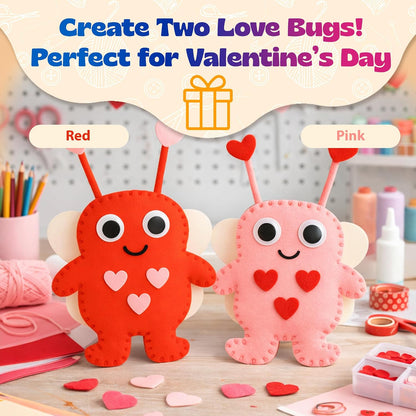 Valentine Gift for Kids, Love Bugs Kids Sewing Kit - Make & Gift Felt Plush Craft, Sew 2 Stuffed Love Bugs (Red & Pink), Precut Felt, Needle, Thread, Polyfill, Googly Eyes, Gift Cards, Ages 5+