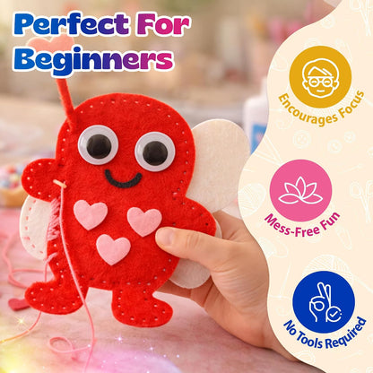 Valentine Gift for Kids, Love Bugs Kids Sewing Kit - Make & Gift Felt Plush Craft, Sew 2 Stuffed Love Bugs (Red & Pink), Precut Felt, Needle, Thread, Polyfill, Googly Eyes, Gift Cards, Ages 5+