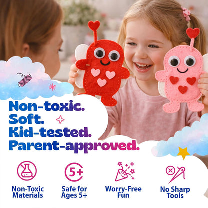 Valentine Gift for Kids, Love Bugs Kids Sewing Kit - Make & Gift Felt Plush Craft, Sew 2 Stuffed Love Bugs (Red & Pink), Precut Felt, Needle, Thread, Polyfill, Googly Eyes, Gift Cards, Ages 5+