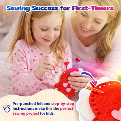 Valentine Gift for Kids, Love Bugs Kids Sewing Kit - Make & Gift Felt Plush Craft, Sew 2 Stuffed Love Bugs (Red & Pink), Precut Felt, Needle, Thread, Polyfill, Googly Eyes, Gift Cards, Ages 5+