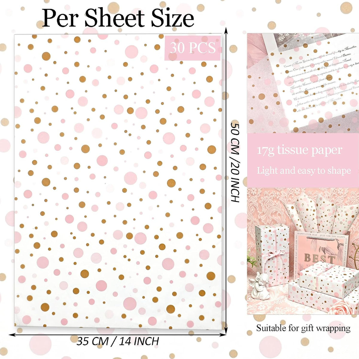 Tissue Paper Gift Wrap, Cute Pink and Brown Polka Dot Tissue Paper for Gift Bags, Pastel Packaging for Girl's Birthday, Baby Shower, Wedding, Mother's Day, Party Decor, DIY Crafts,30 Sheets 20x14inch
