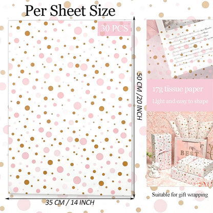 Tissue Paper Gift Wrap, Cute Pink and Brown Polka Dot Tissue Paper for Gift Bags, Pastel Packaging for Girl's Birthday, Baby Shower, Wedding, Mother's Day, Party Decor, DIY Crafts,30 Sheets 20x14inch