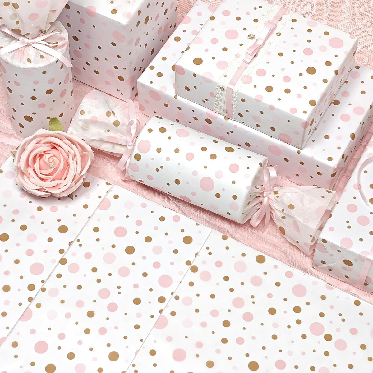 Tissue Paper Gift Wrap, Cute Pink and Brown Polka Dot Tissue Paper for Gift Bags, Pastel Packaging for Girl's Birthday, Baby Shower, Wedding, Mother's Day, Party Decor, DIY Crafts,30 Sheets 20x14inch