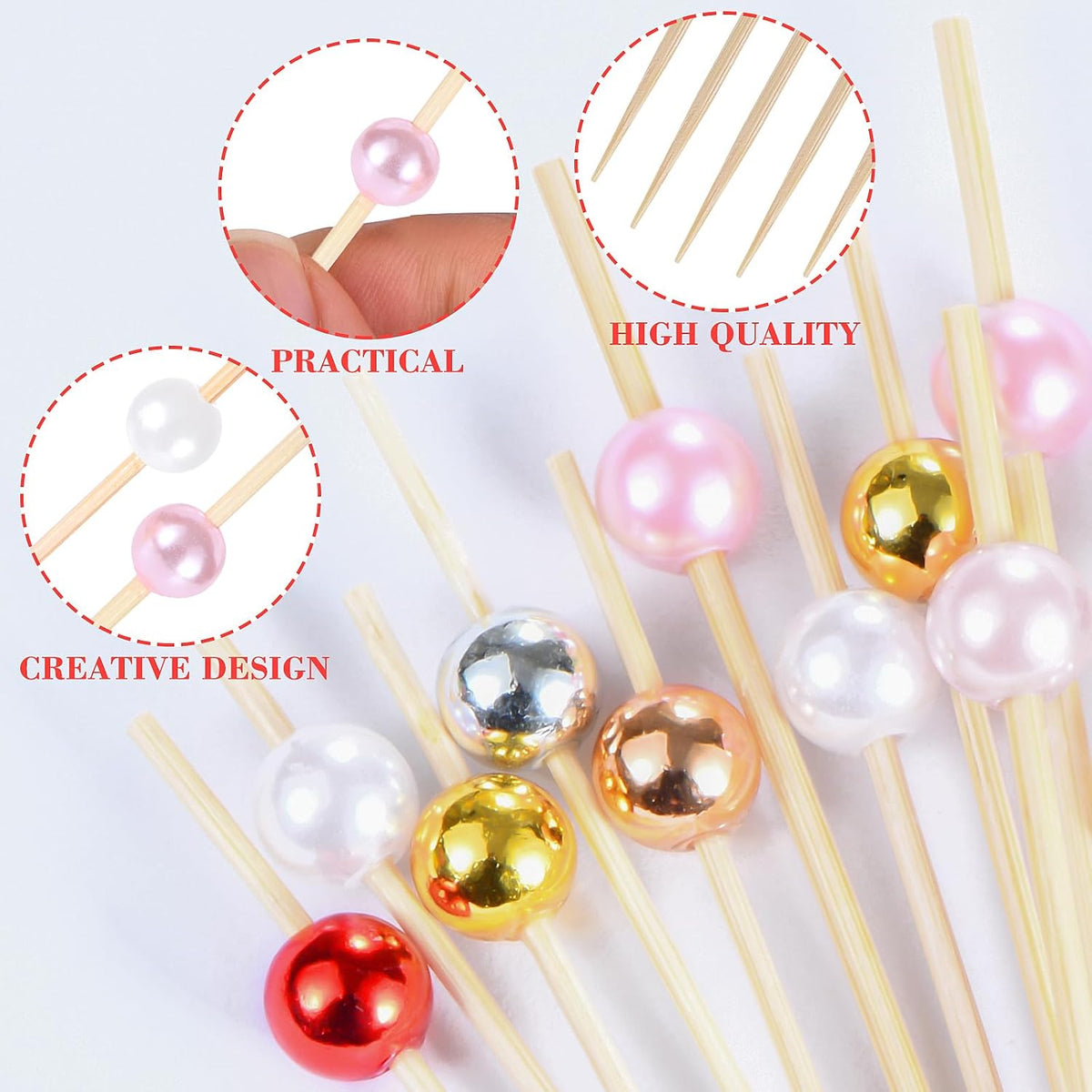 100 Pcs Pearl Toothpicks, 4.7 Inch Pink Pearl Cocktail Picks