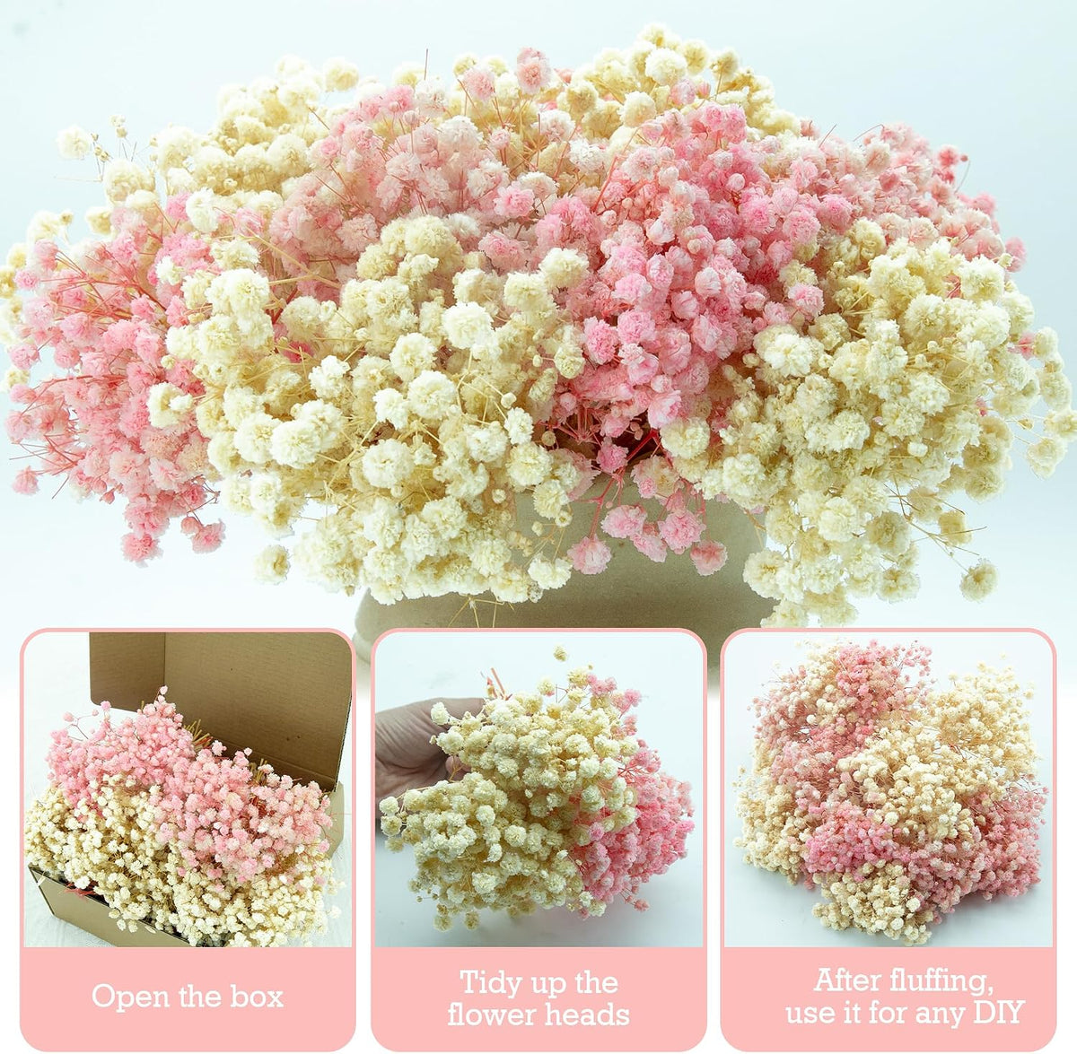 5600+ Mini Dried Baby's Breath Flowers Pink & Cream White Bulk Bouquet