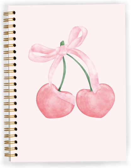 Pink Cherry Notebook, Coquette Bow Preppy Girly Spiral Notebook 5.5x8.3, Pink Aesthetic Journal for Women, Coquette Office Supplies, Preppy Gifts for Women, Spiral Journal