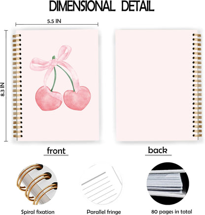 Pink Cherry Notebook, Coquette Bow Preppy Girly Spiral Notebook 5.5x8.3, Pink Aesthetic Journal for Women, Coquette Office Supplies, Preppy Gifts for Women, Spiral Journal