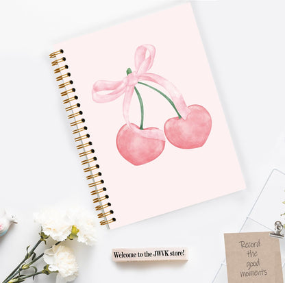 Pink Cherry Notebook, Coquette Bow Preppy Girly Spiral Notebook 5.5x8.3, Pink Aesthetic Journal for Women, Coquette Office Supplies, Preppy Gifts for Women, Spiral Journal