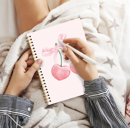 Pink Cherry Notebook, Coquette Bow Preppy Girly Spiral Notebook 5.5x8.3, Pink Aesthetic Journal for Women, Coquette Office Supplies, Preppy Gifts for Women, Spiral Journal