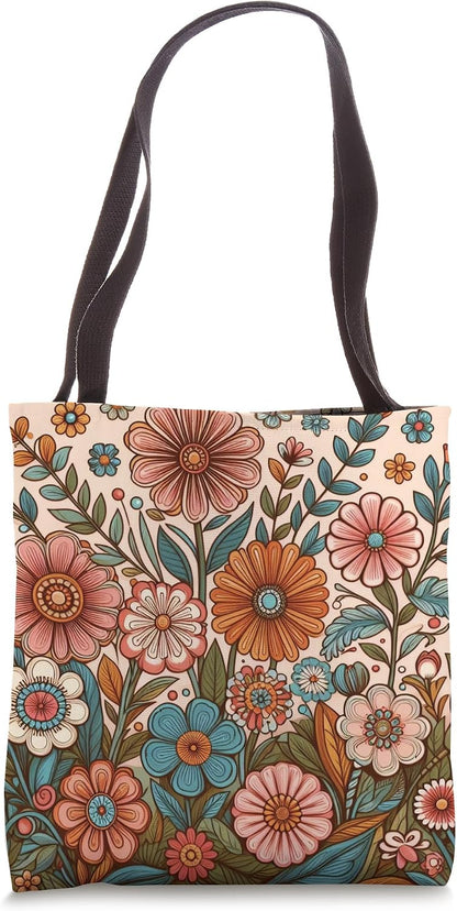 Retro Flowers Meadow Floral Groovy 70s Peach Pink Tote Bag