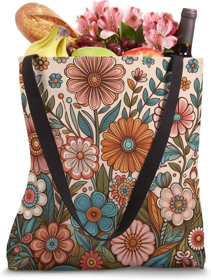 Retro Flowers Meadow Floral Groovy 70s Peach Pink Tote Bag