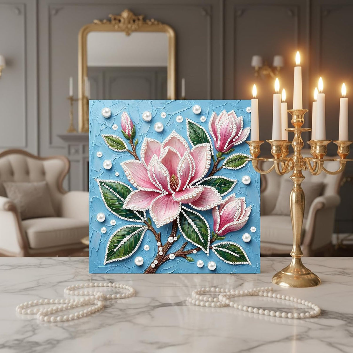 Pink Flowers DIY Pearl Painting Art Kit with Frame - 9.84x9.84 Inch Romantic Pink Floral Pearl Gem Painting for Adults Beginners, Complete Picture Arts Craft for Home Wall Decor
