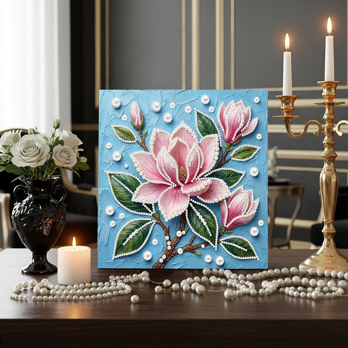 Pink Flowers DIY Pearl Painting Art Kit with Frame - 9.84x9.84 Inch Romantic Pink Floral Pearl Gem Painting for Adults Beginners, Complete Picture Arts Craft for Home Wall Decor