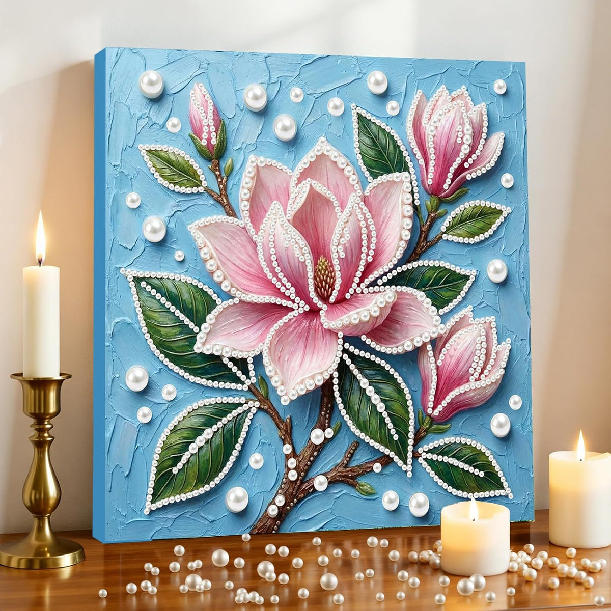 Pink Flowers DIY Pearl Painting Art Kit with Frame - 9.84x9.84 Inch Romantic Pink Floral Pearl Gem Painting for Adults Beginners, Complete Picture Arts Craft for Home Wall Decor