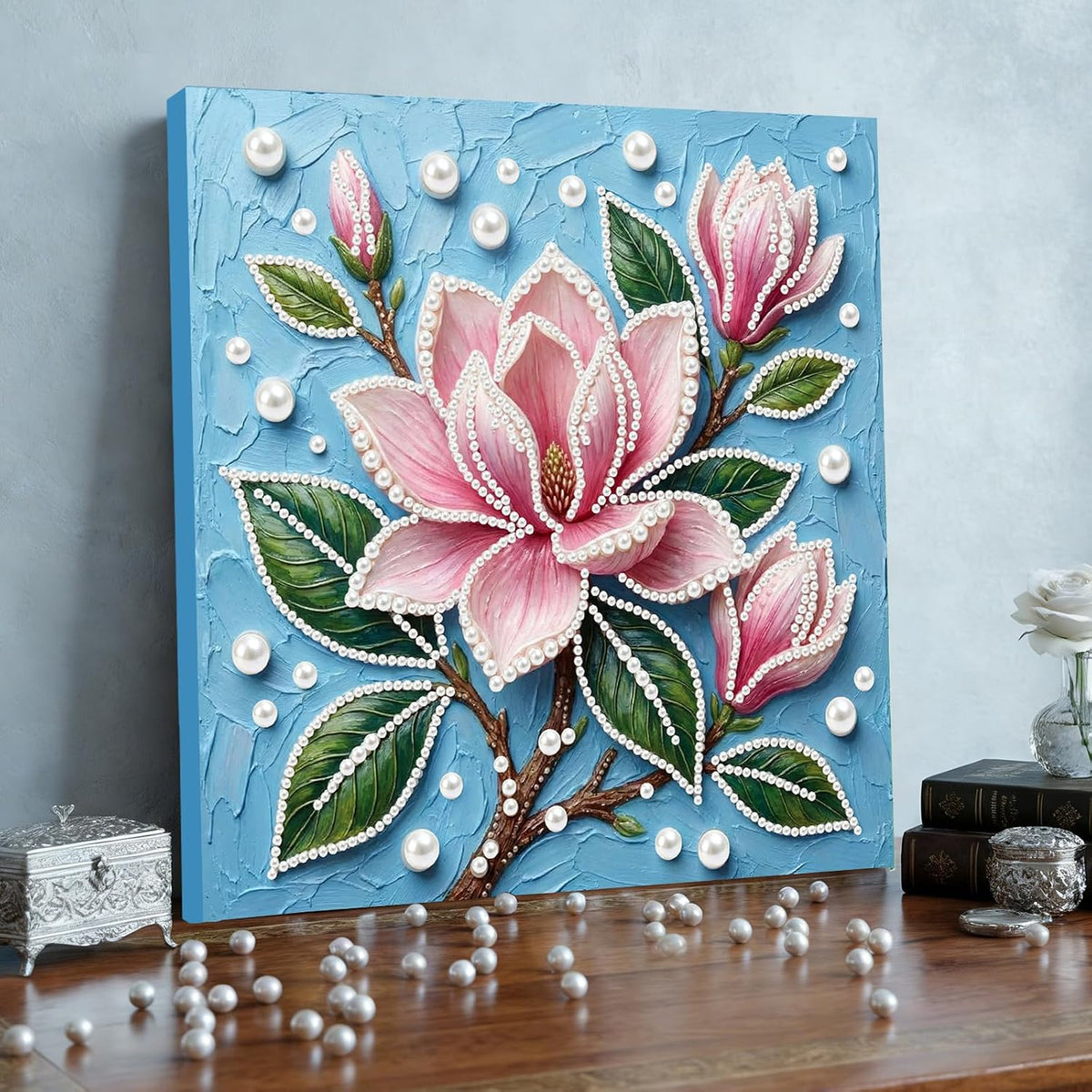 Pink Flowers DIY Pearl Painting Art Kit with Frame - 9.84x9.84 Inch Romantic Pink Floral Pearl Gem Painting for Adults Beginners, Complete Picture Arts Craft for Home Wall Decor