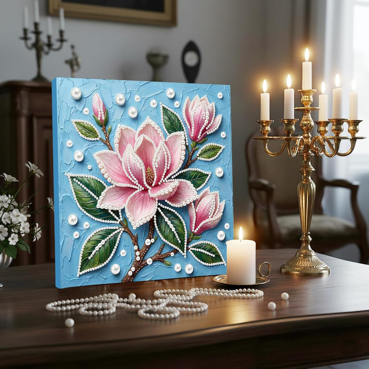 Pink Flowers DIY Pearl Painting Art Kit with Frame - 9.84x9.84 Inch Romantic Pink Floral Pearl Gem Painting for Adults Beginners, Complete Picture Arts Craft for Home Wall Decor