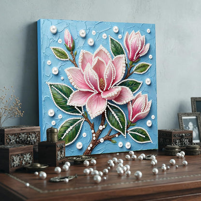 Pink Flowers DIY Pearl Painting Art Kit with Frame - 9.84x9.84 Inch Romantic Pink Floral Pearl Gem Painting for Adults Beginners, Complete Picture Arts Craft for Home Wall Decor