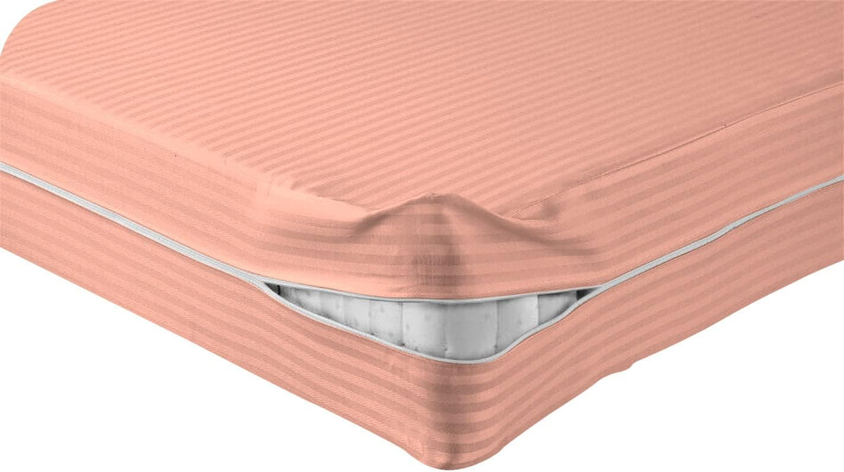 1000-TC Egyptian Cotton Zipper Fitted Sheet, Twin (39"x 75") Size, 8" Deep Pocket Mattress Encasement Bottom Cover with Zipper, Soft & Long Lasting (Peach, Stripe)